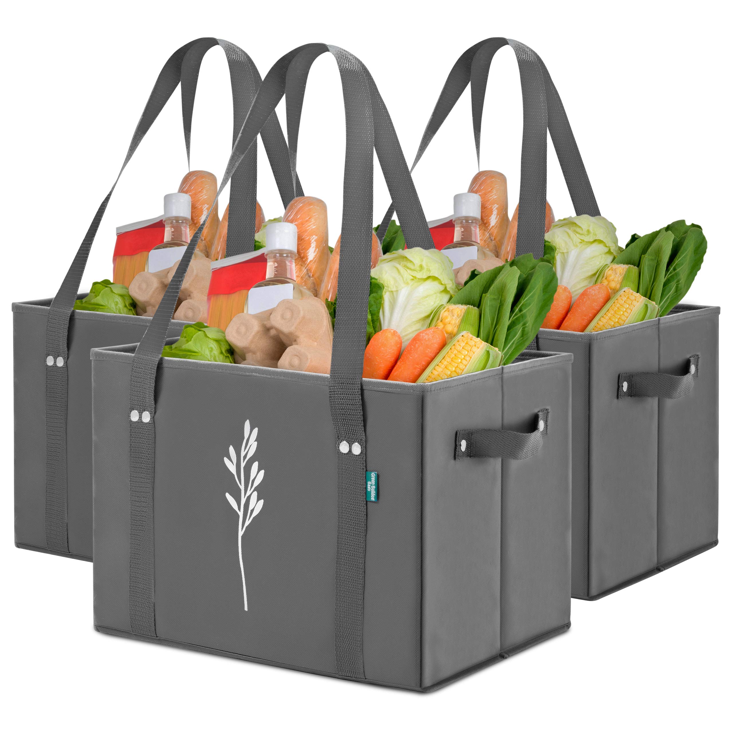 Green Bulldog Bags heavy-duty tote, left view, built to carry groceries with confidence.