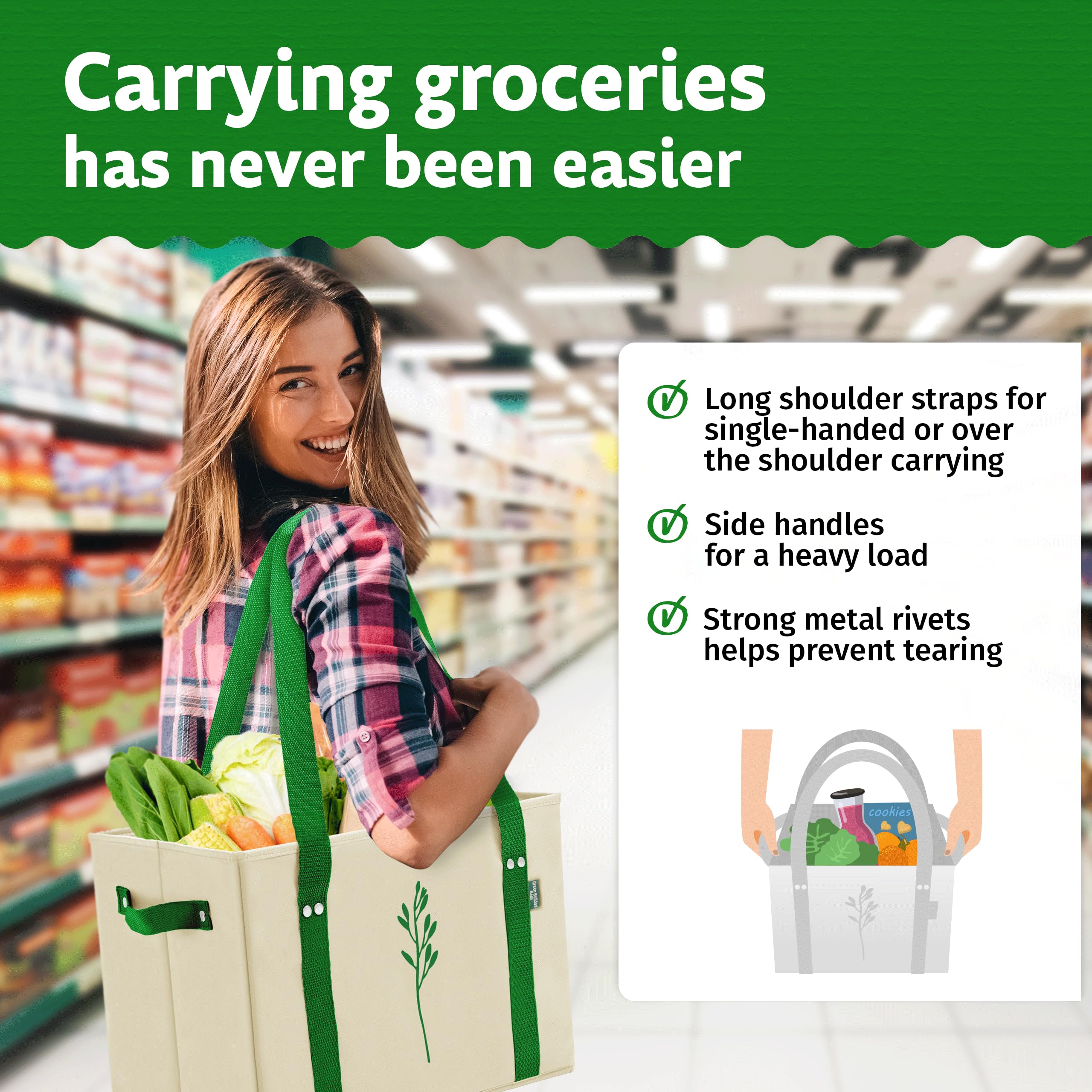 Green Bulldog Bags reinforced-bottom-tote prevents spills during loading