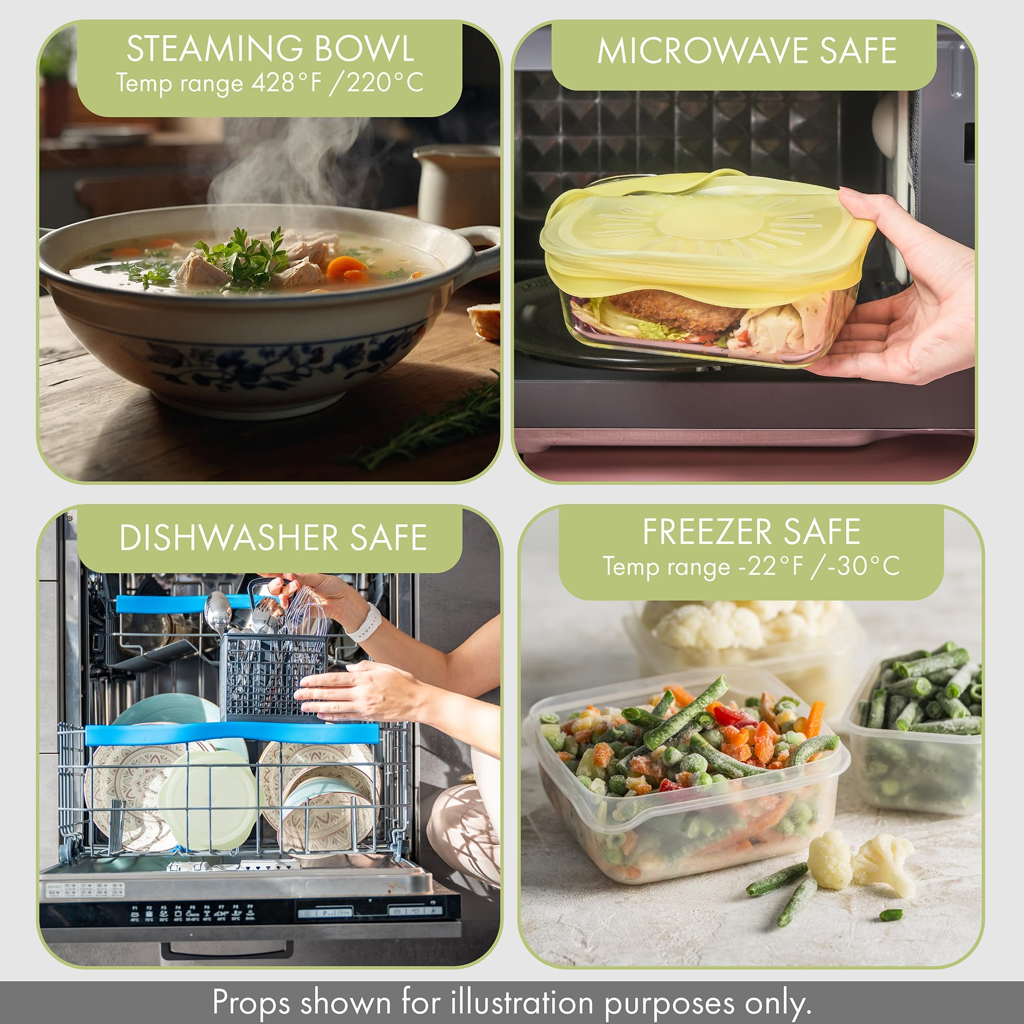 Green Hearth airtight seal lids shown on jars for leak-proof food storage