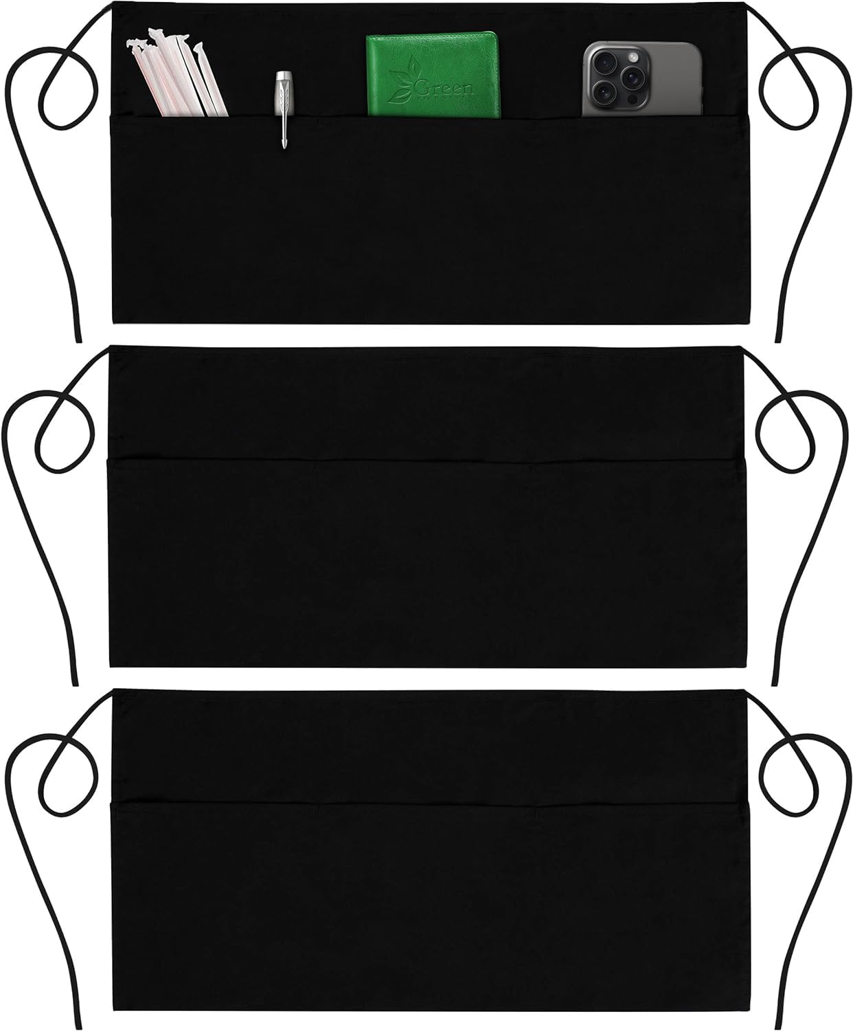 GREEN LIFESTYLE 3-pack server aprons with 3 pockets for professional kitchens