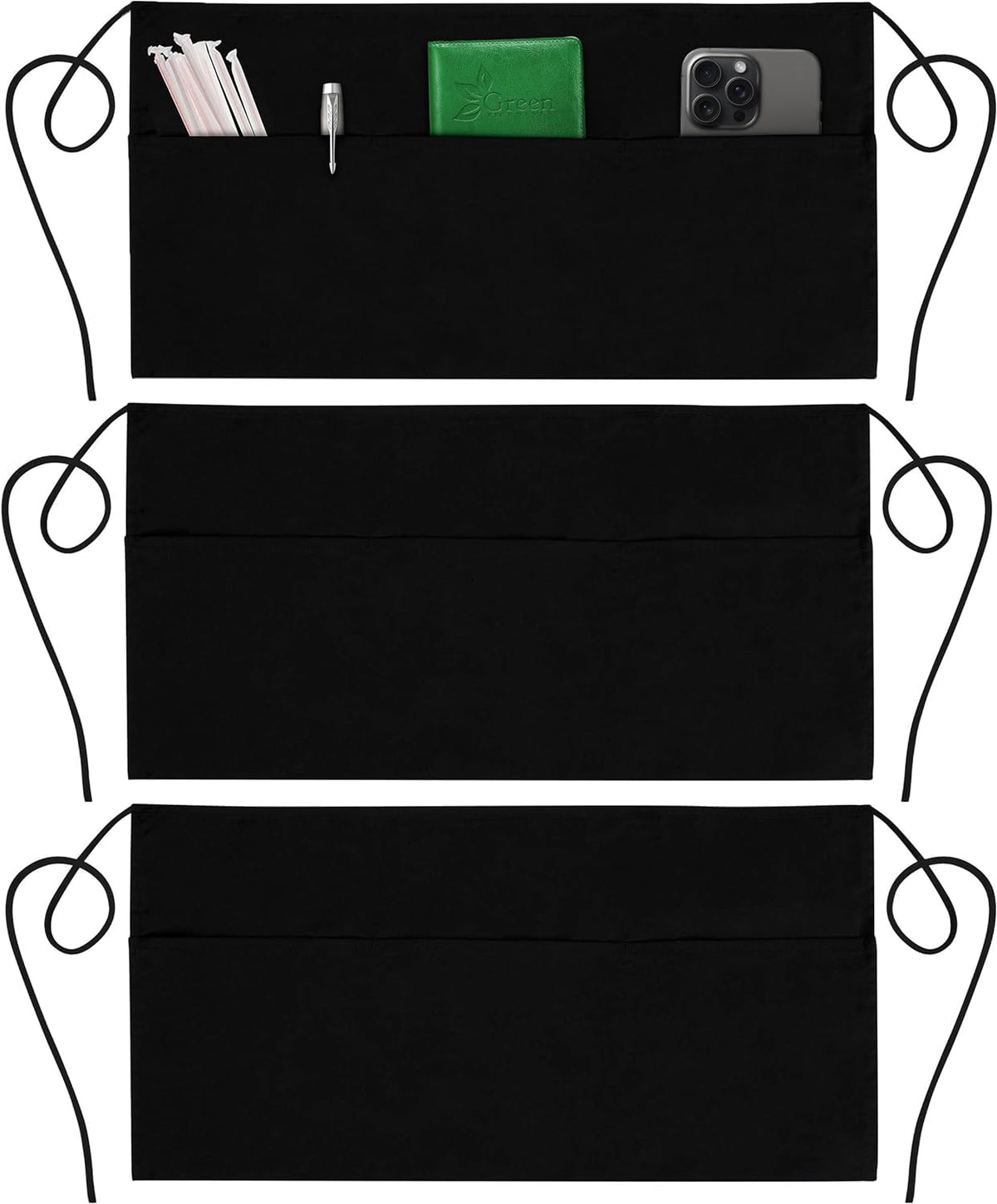 GREEN LIFESTYLE 3-pack server aprons with 3 pockets for professional kitchens