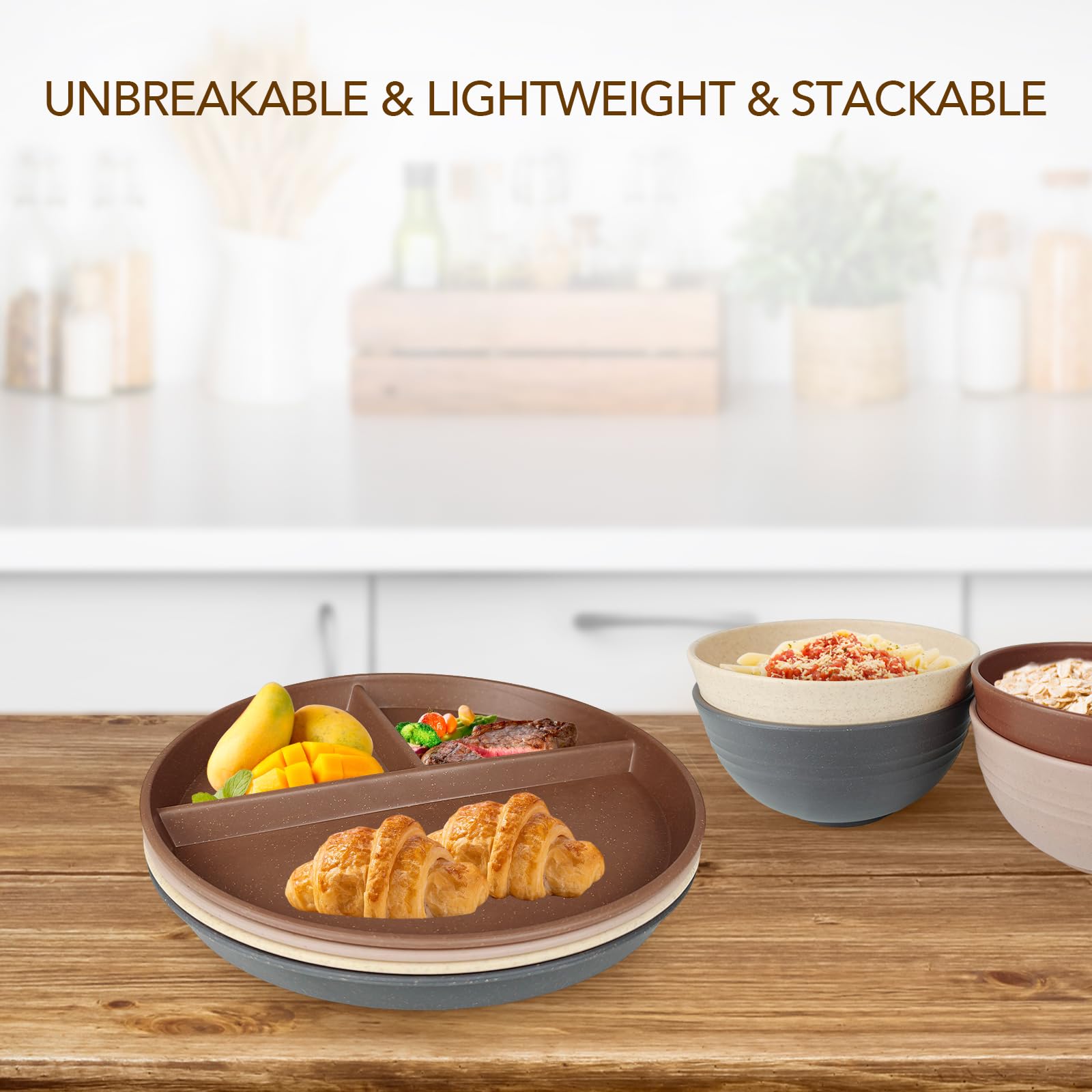 Greenandlife 9-inch divided plate stack demonstrates space-saving storage.