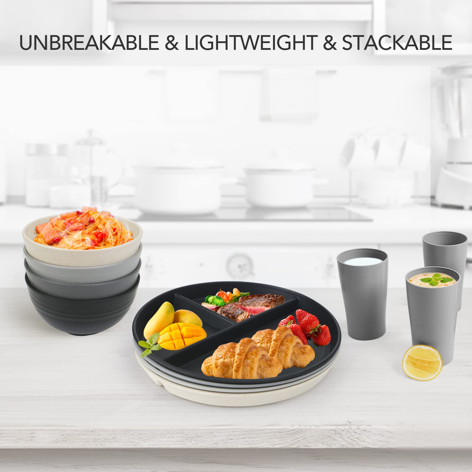 Greenandlife stacked divided plates save space in kitchen cabinets.