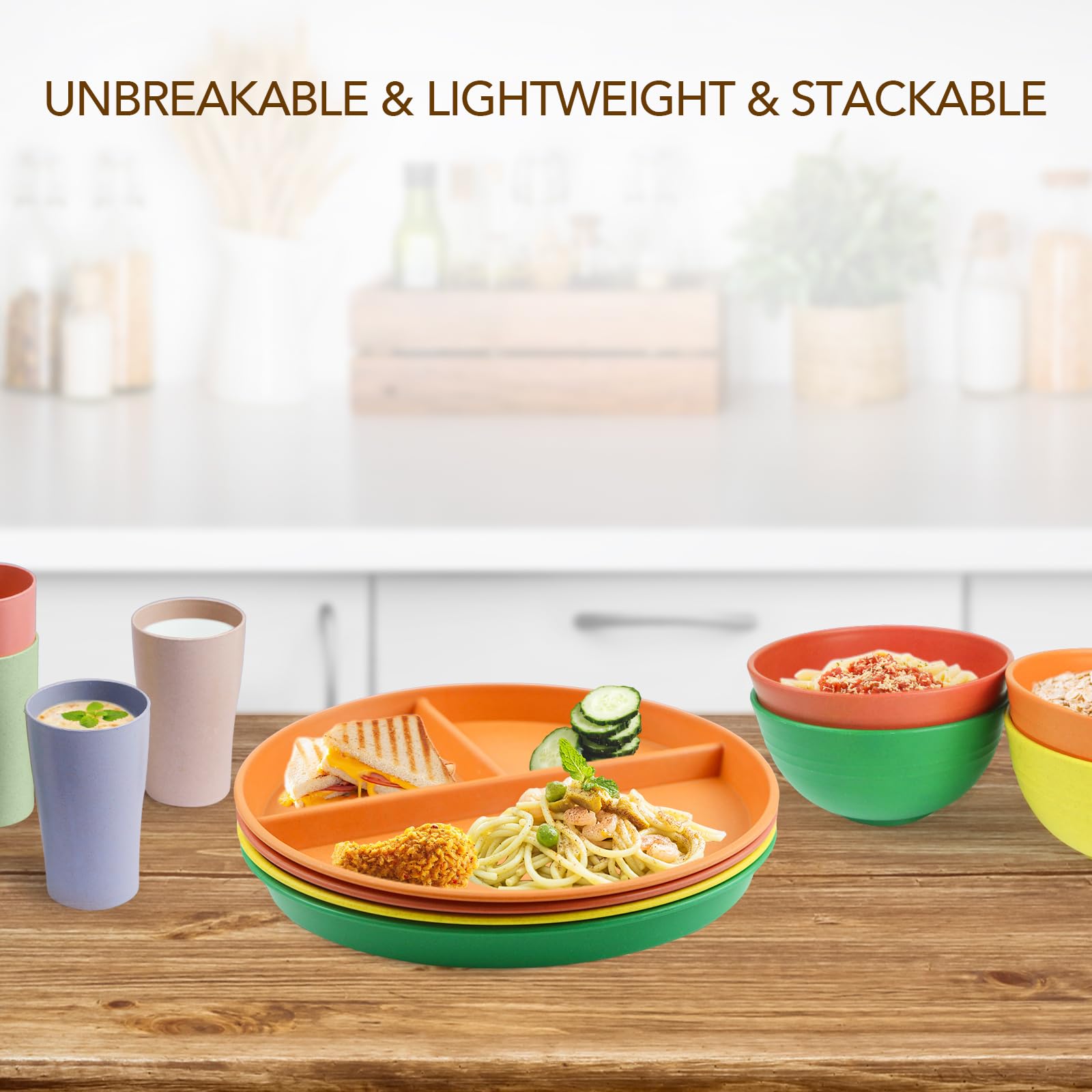 Greenandlife plates stacked in a kitchen cabinet save space and simplify storage.