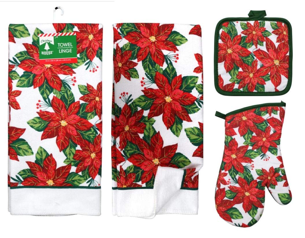 Greenbrier Poinsettia dish towels set for festive kitchen drying and quick cleanup.