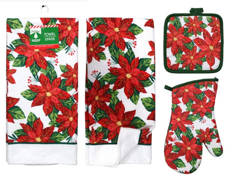 Greenbrier Poinsettia dish towels set for festive kitchen drying and quick cleanup.