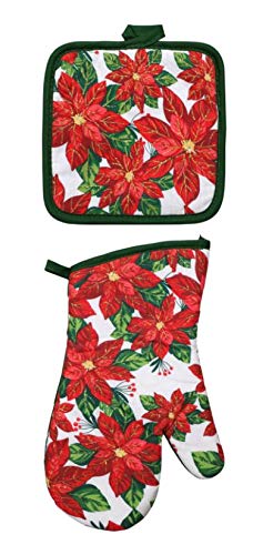 Greenbrier Poinsettia oven mitt offers heat protection with cheerful holiday motif.