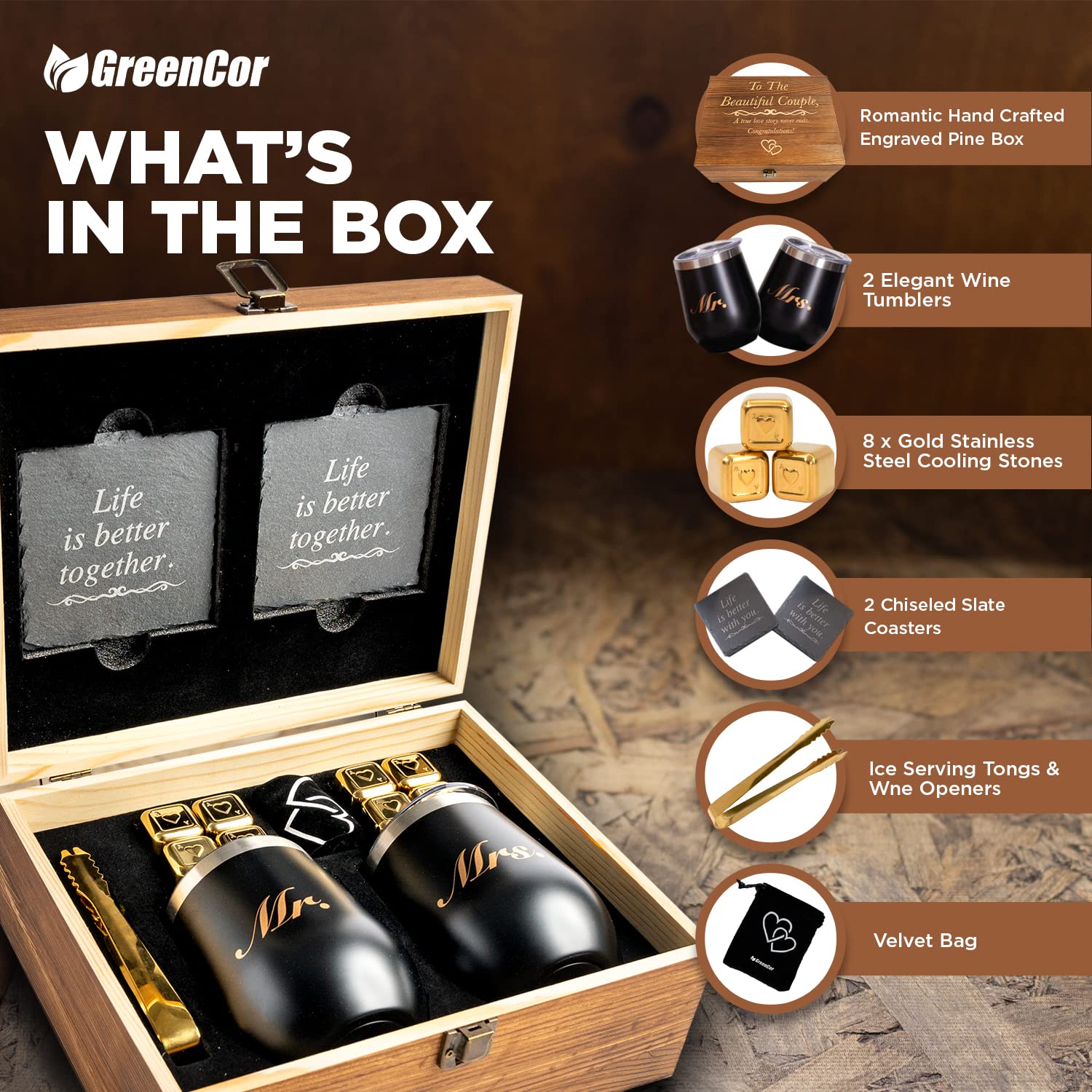 GreenCor Mr and Mrs design tumblers add timeless wedding-day charm