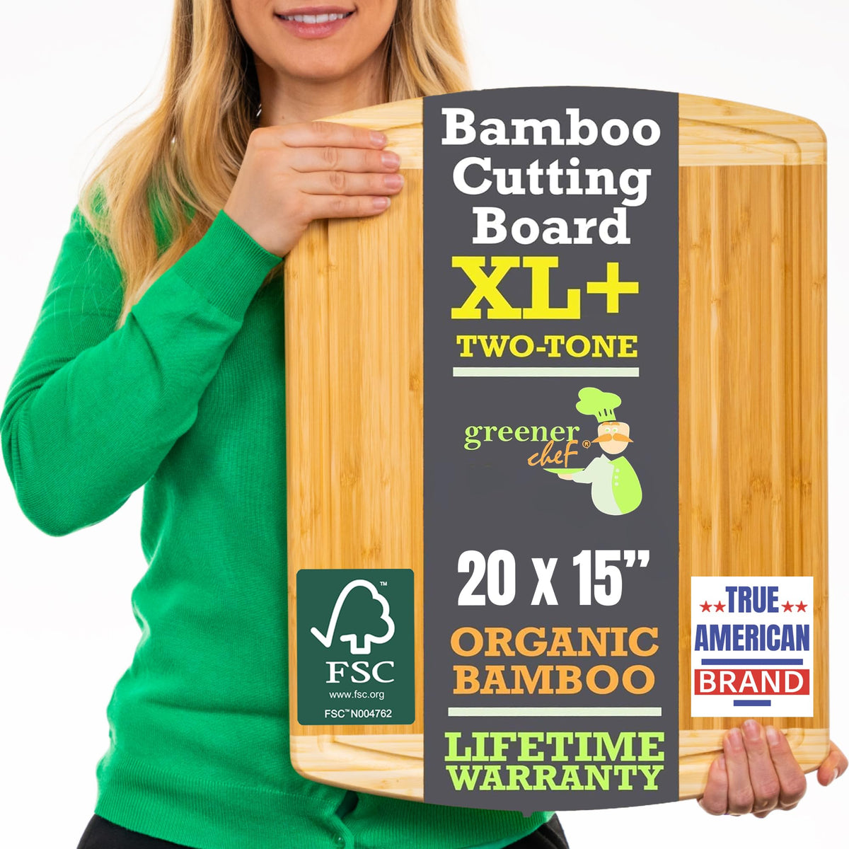 Greener Chef 20in bamboo cutting board top view for meal prep and display.