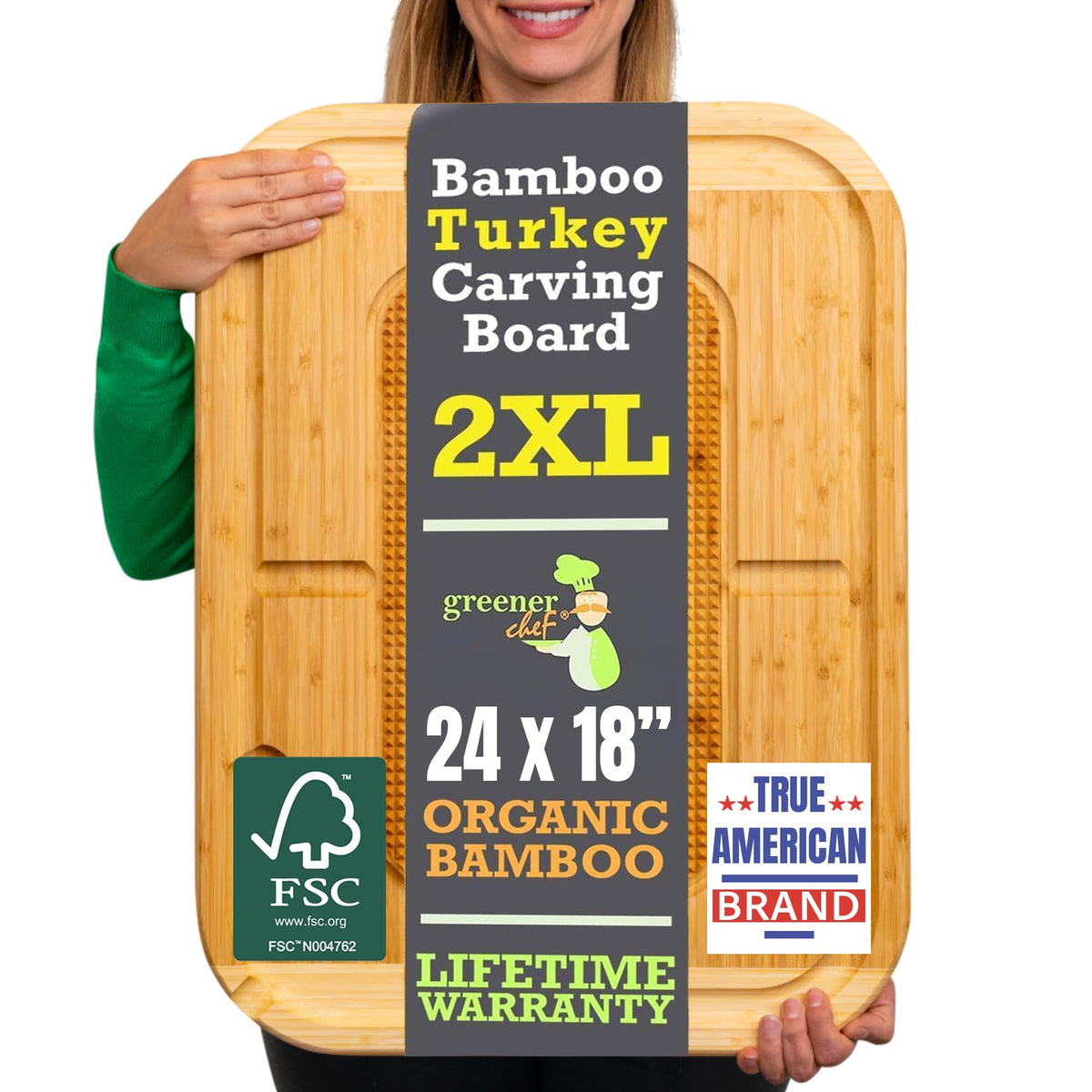 Greener Chef 24-inch bamboo carving board top view for easy turkey carving and serving.