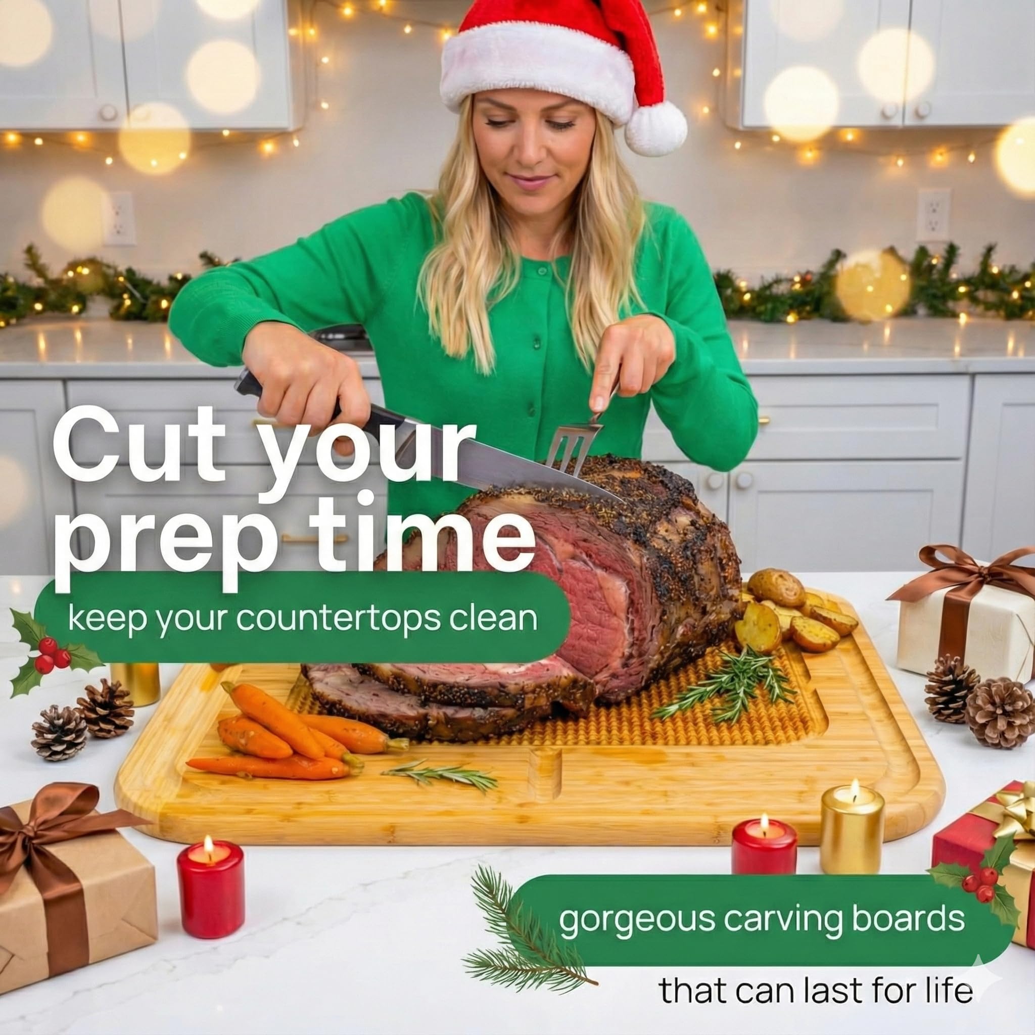Greener Chef 2XL meat cutting board with spikes for stability when cutting large roasts.