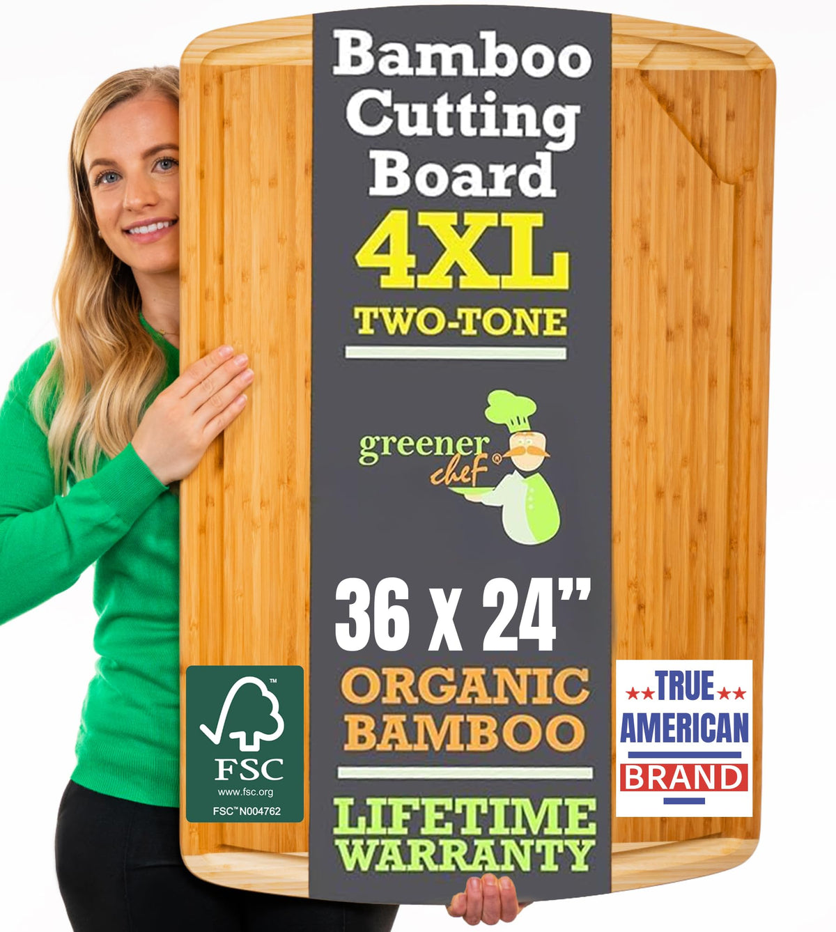 Greener Chef 36x24 bamboo board on a stage-style prep setup.