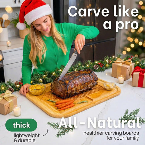 Greener Chef bamboo carving board with juice groove catches drippings for clean counters.