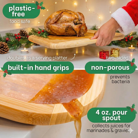 Greener Chef carving board with pour spout for easy gravies and sauces.