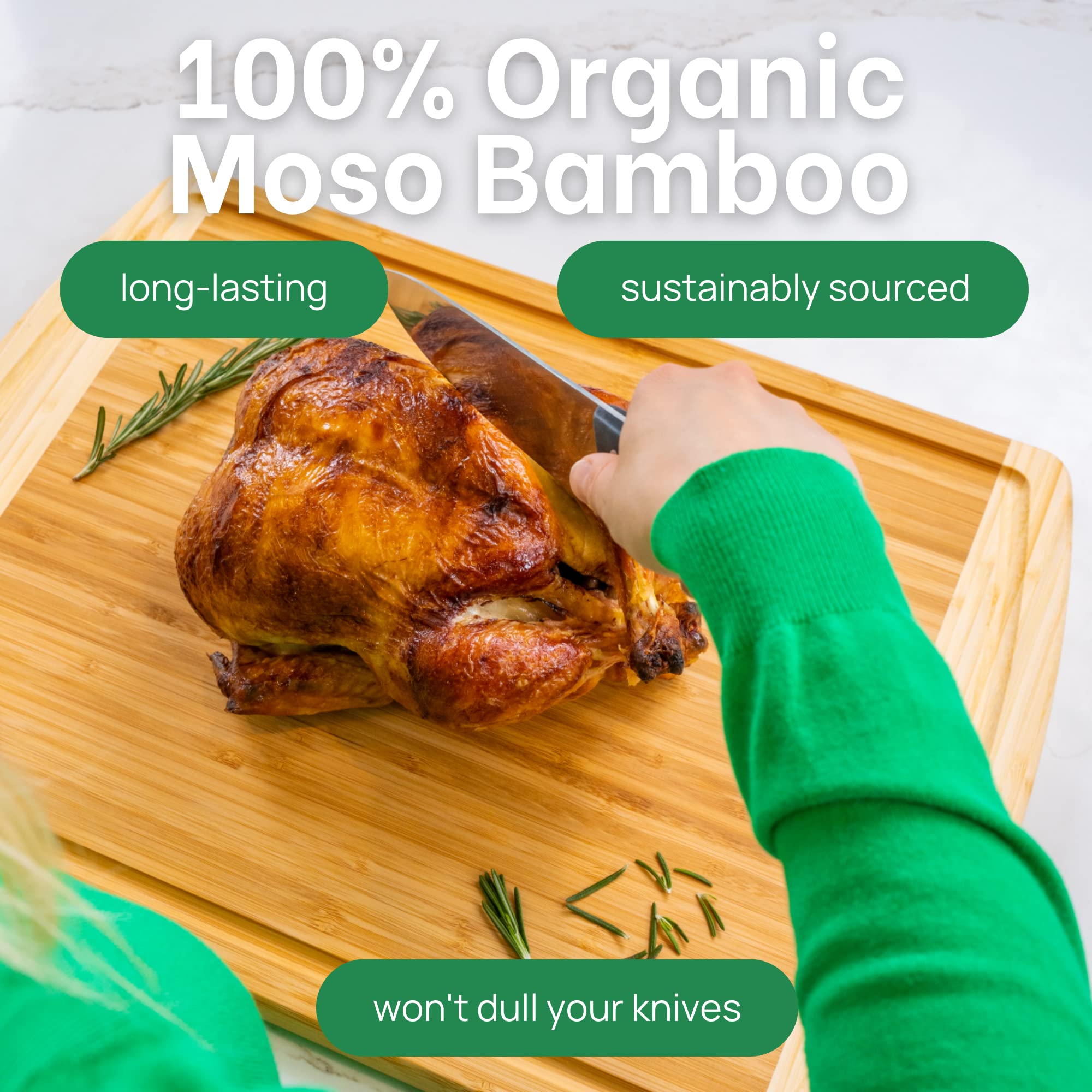 Greener Chef bamboo cutting board shows a deep juice groove for easy cleanup.