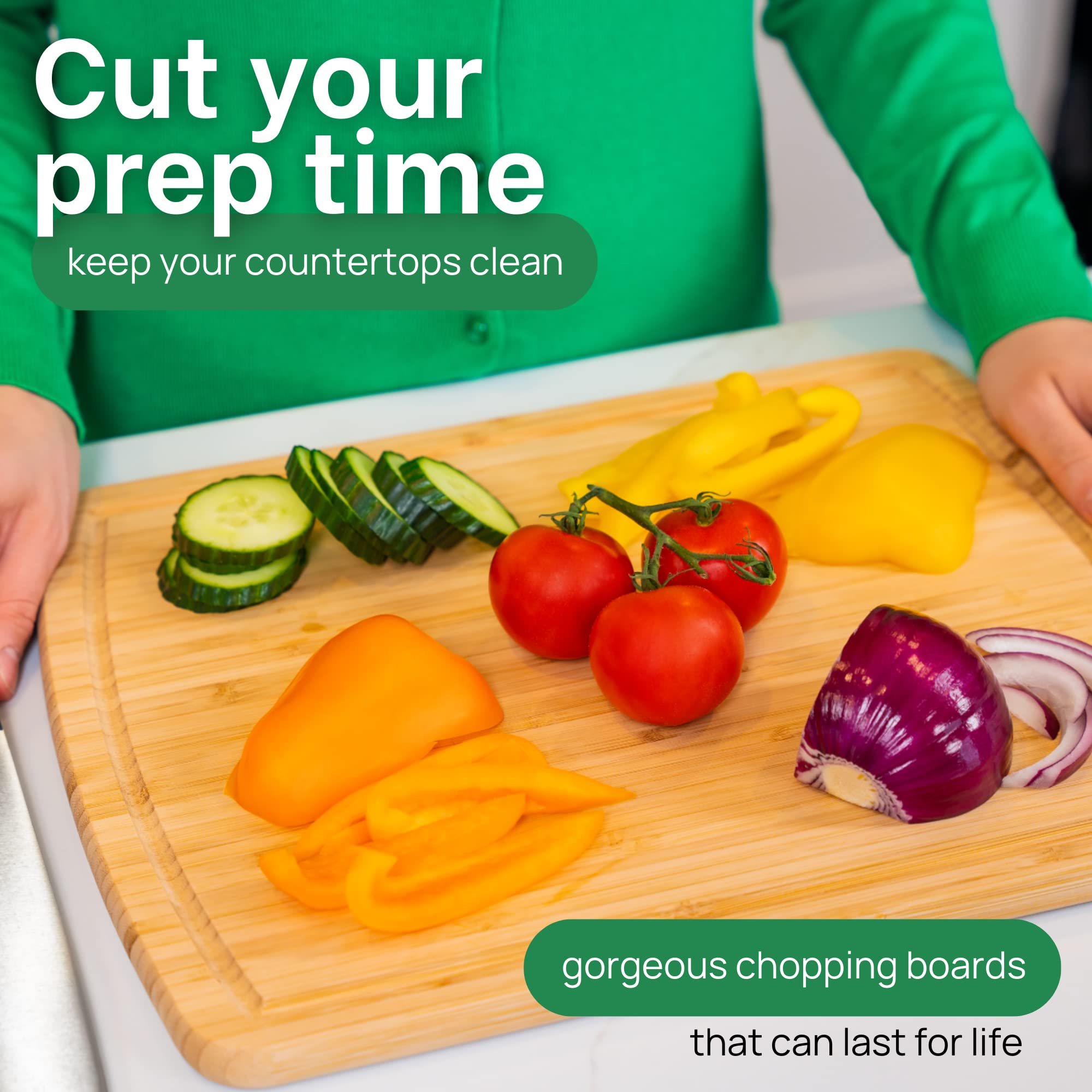 Greener Chef cutting board in kitchen, durable surface protecting knives during prep.