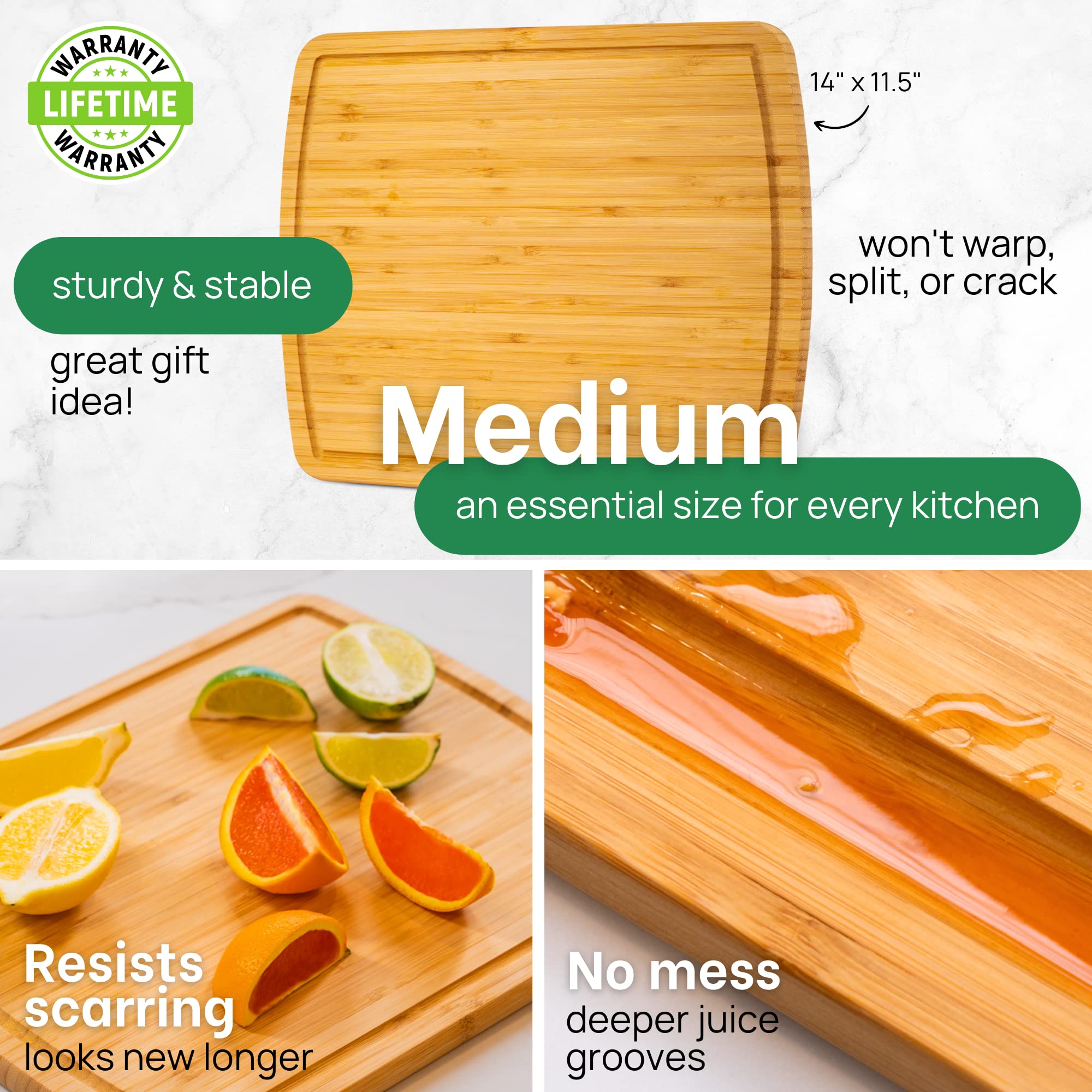Greener Chef bamboo board close-up, highlighting grain and juice grooves for sauces.