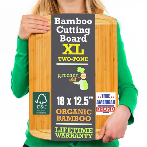 Greener Chef bamboo cutting board with XL surface ideal for spacious prep.