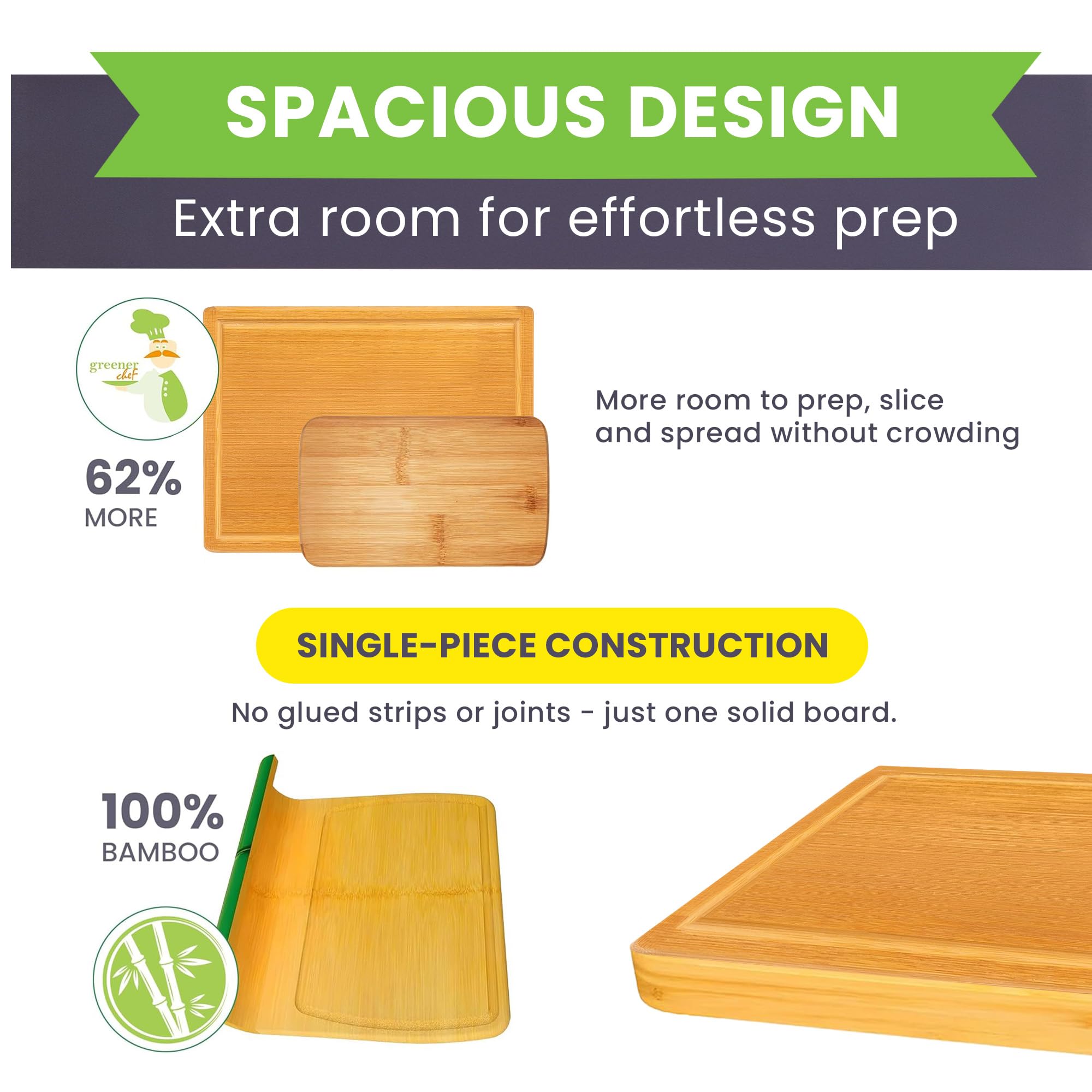 Greener Chef bamboo cutting boards set assembled on counter