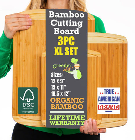 Greener Chef three bamboo boards edge view shows sturdy construction and generous surface.