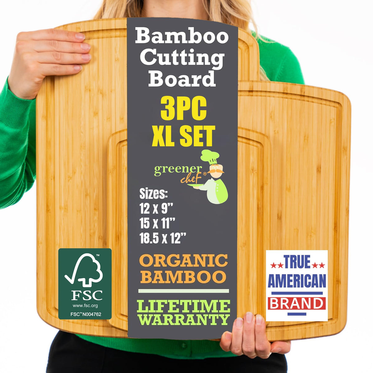 Greener Chef bamboo cutting board XL with large prep surface for meal prep