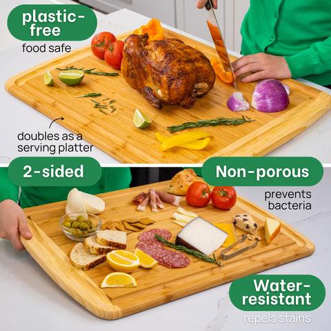 Greener Chef board with deep juice grooves catches juices for glaze prep.