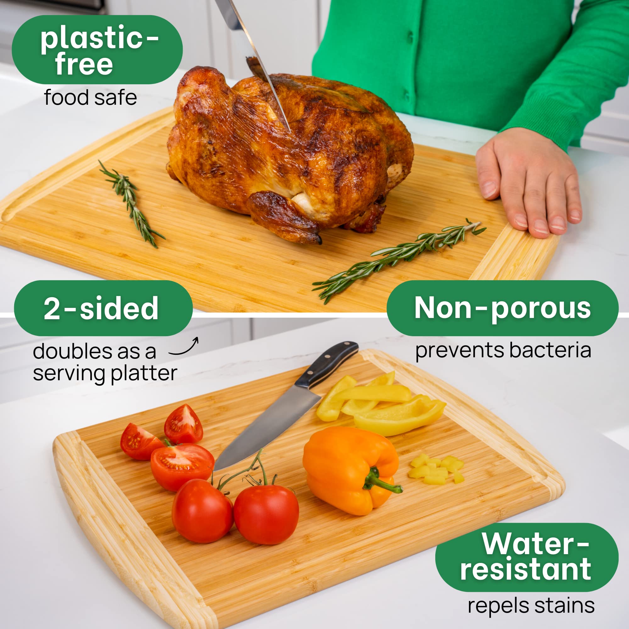 Greener Chef prep board handles meat and vegetables on a sturdy surface.