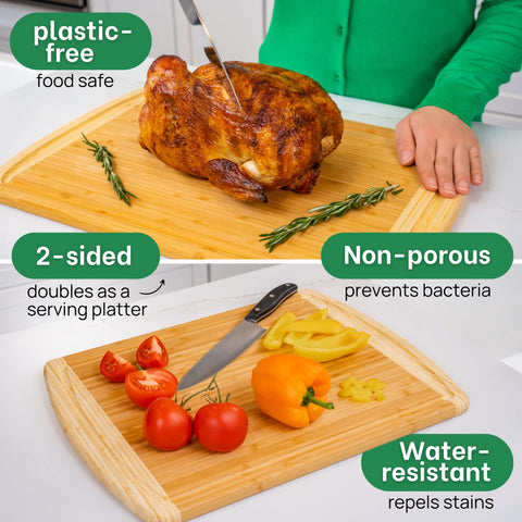 Greener Chef prep board handles meat and vegetables on a sturdy surface.