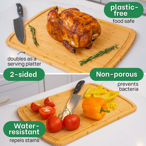 Greener Chef reversible design with deep juice groove catches drips.