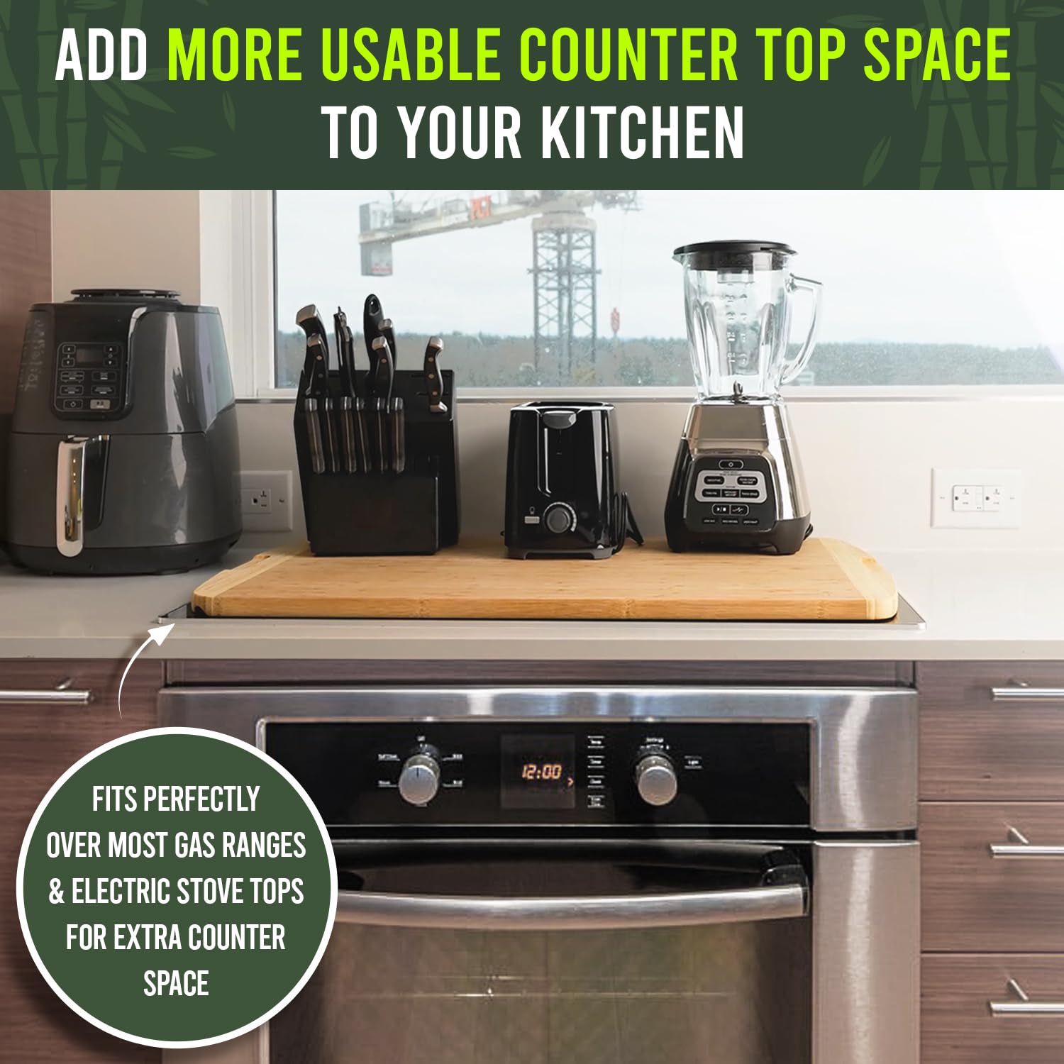 Greener Chef stovetop cover in use reclaims counter space.