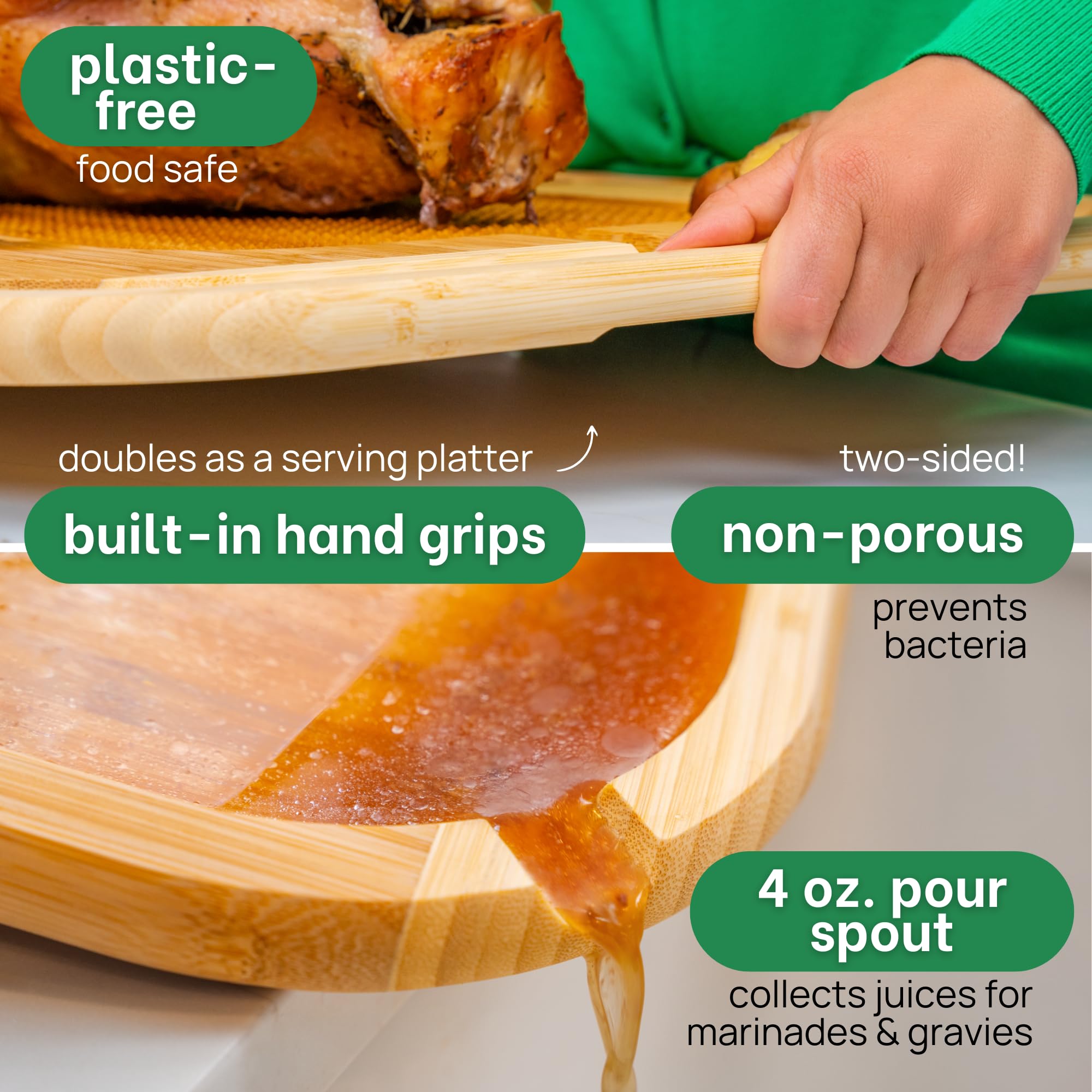 Greener Chef two-tone meat board shown ready for carving and serving.