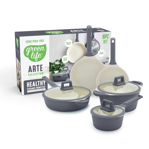 GreenLife 8-piece ceramic nonstick set graphite close-up showing versatile cookware.