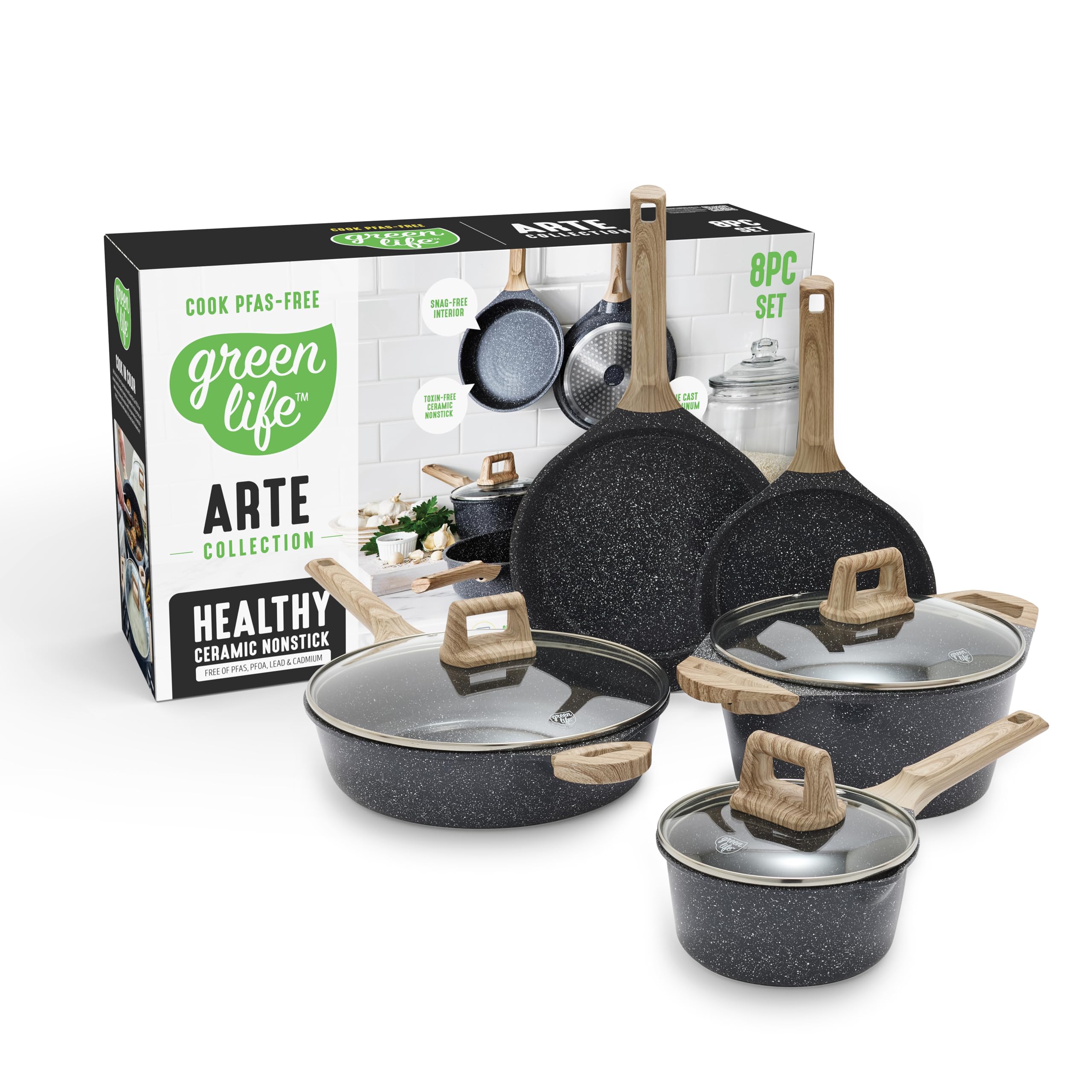 GreenLife 8-piece cookware set top view for versatile daily cooking.