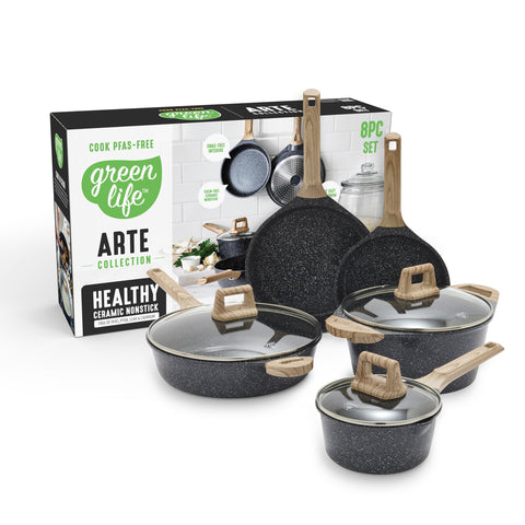 GreenLife 8-piece cookware set top view for versatile daily cooking.