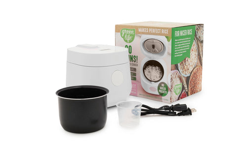 GreenLife digital rice cooker exterior in white adds modern style and compact footprint to kitchens.