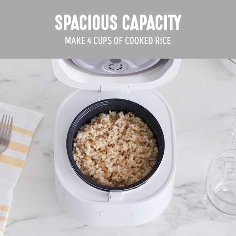 One-touch presets cover White Rice, Brown Rice, Quinoa, and Oats.