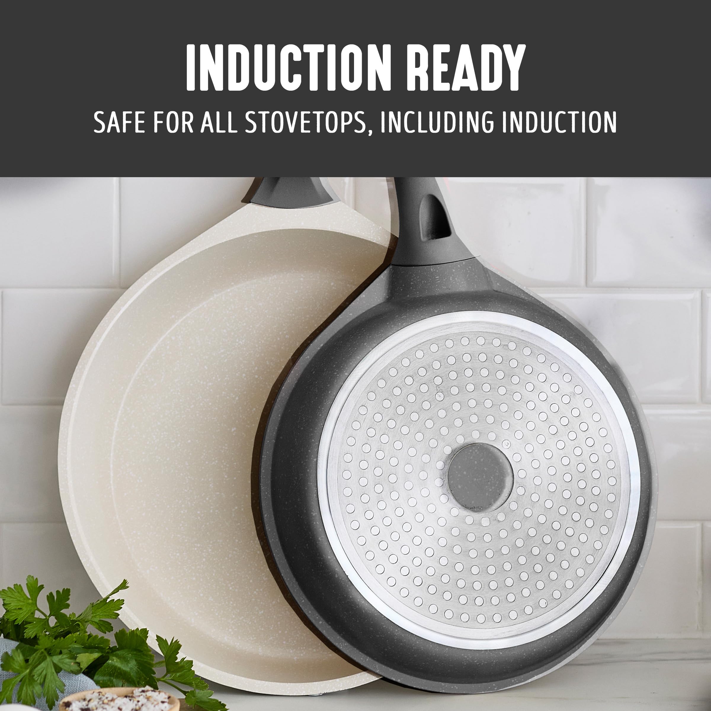 GreenLife glass lids with stay-cool handles for safe coverage.