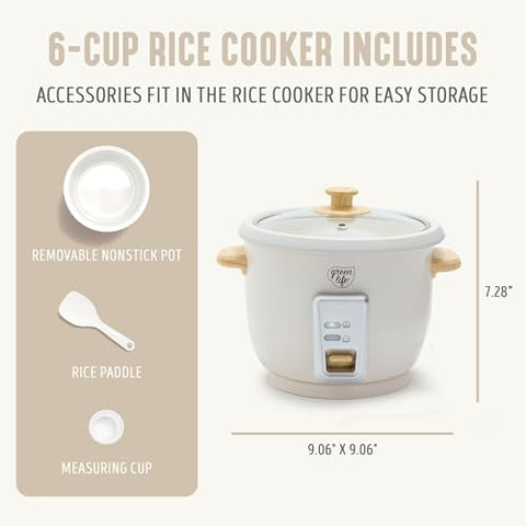 Compact GreenLife rice cooker shown on a small kitchen counter.