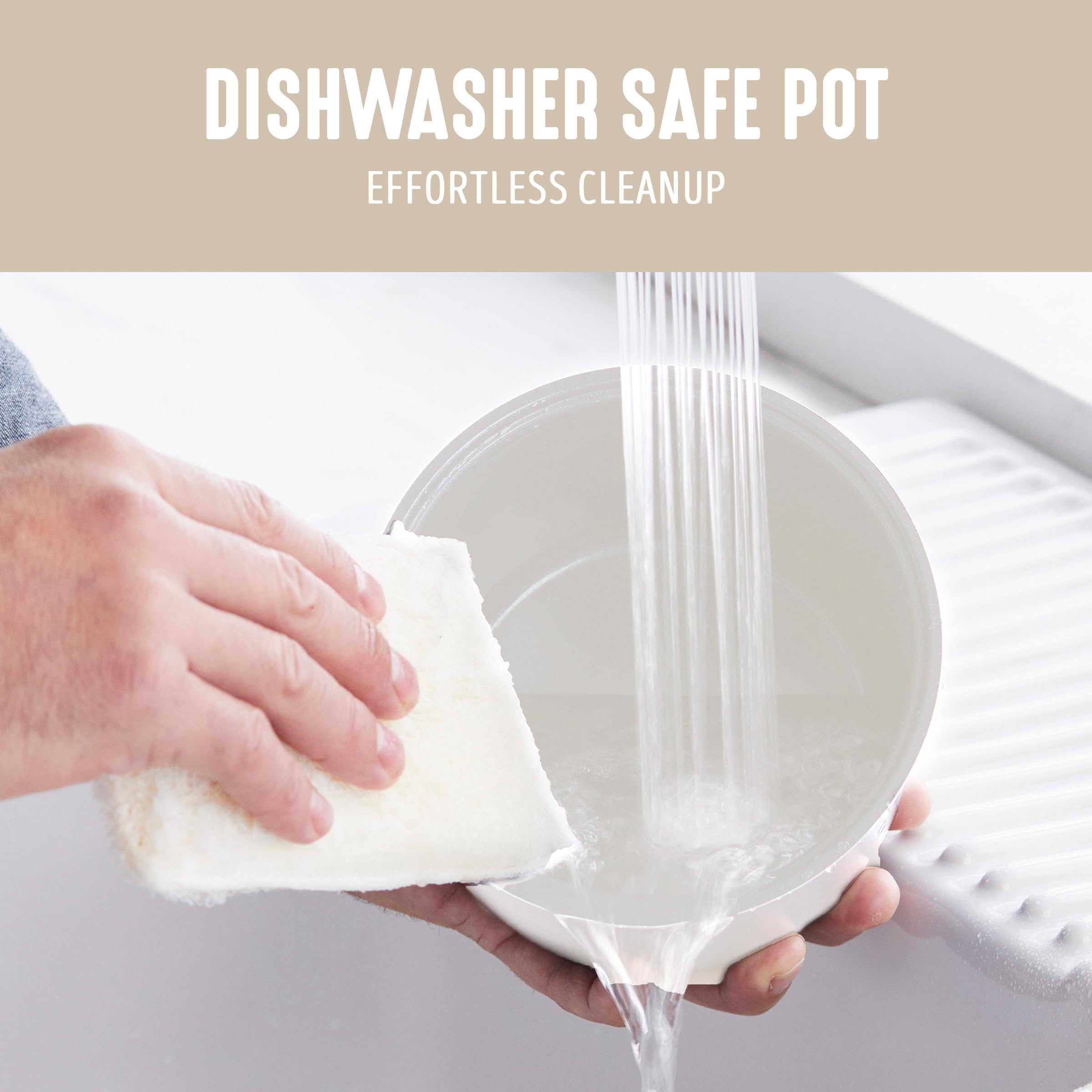 Removable parts on GreenLife rice cooker are dishwasher-safe for quick cleanup.