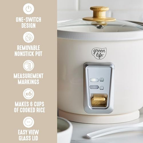 Auto keep-warm indicator on GreenLife rice cooker in use.