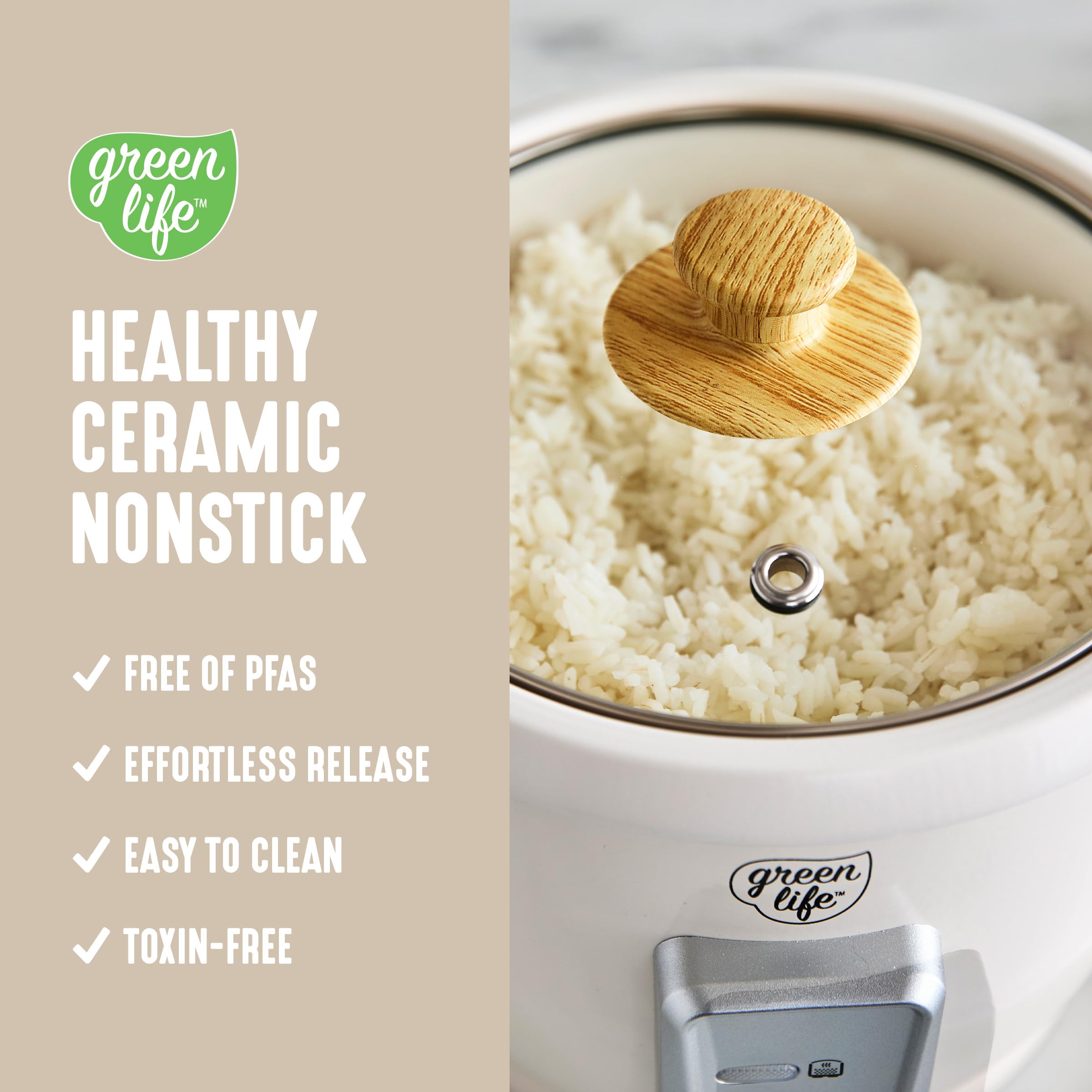 One-switch operation highlighted on GreenLife rice cooker lid.
