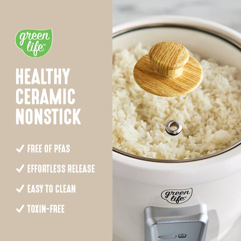 One-switch operation highlighted on GreenLife rice cooker lid.