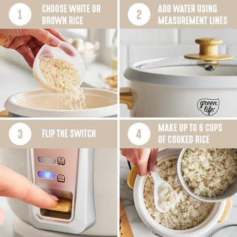 GreenLife rice cooker used for oats, grains, and light soups.