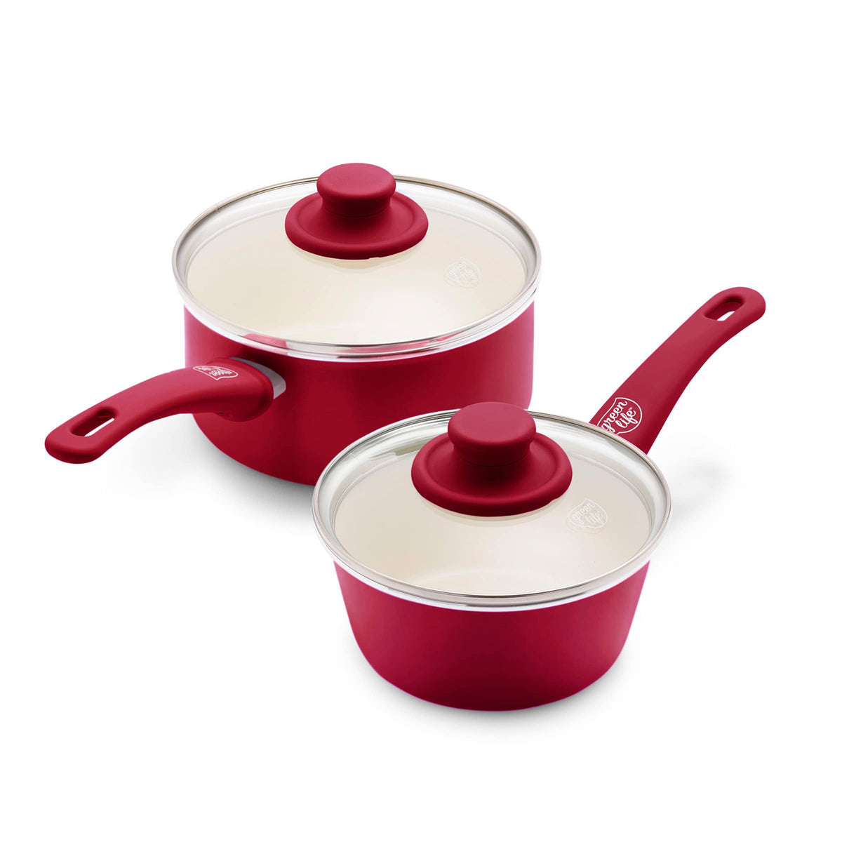 GreenLife Soft Grip 1qt saucepan front view in red for quick, even heating.
