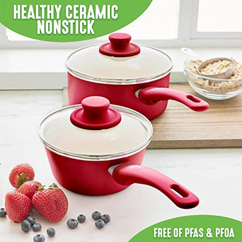 GreenLife Soft Grip 2qt saucepan front view in red for family meals.