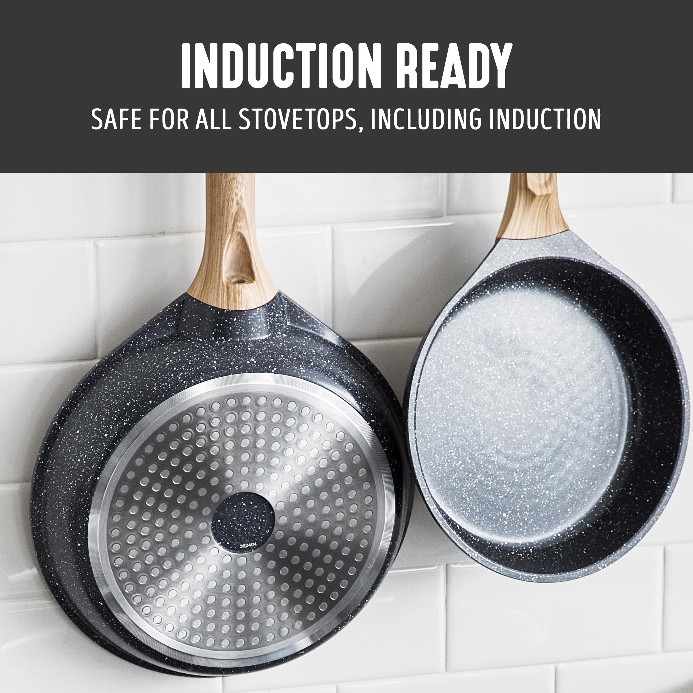 GreenLife tempered glass lids with stay-cool handles for safe covering.