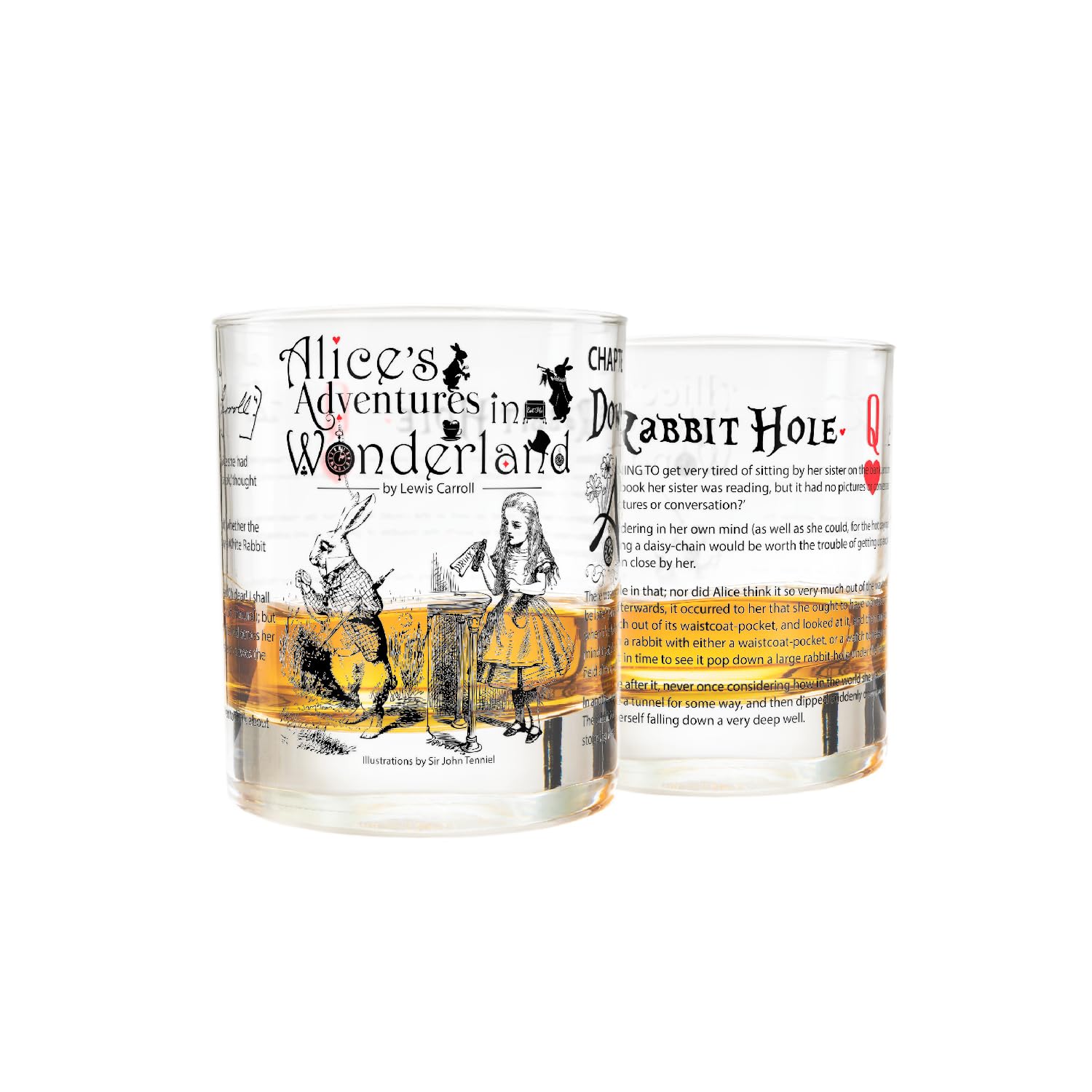Greenline Goods Alice in Wonderland whiskey glass with iconic scene for refined sipping.