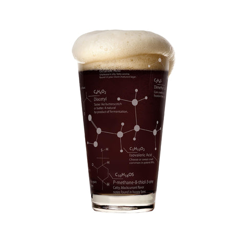 Greenline Goods beer glass with etched beer and hops molecules for science lovers.
