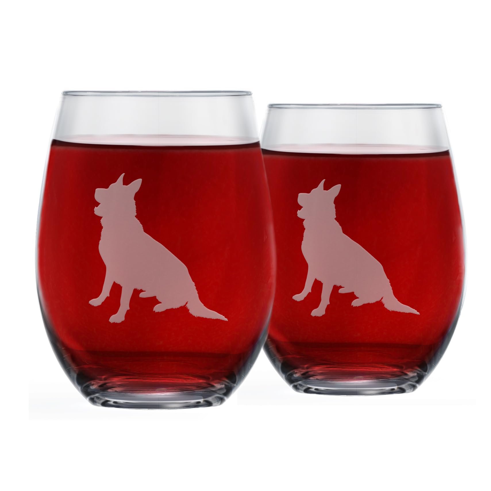 Greenline Goods German Shepherd stemless wine glasses set of two with etched silhouettes—perfect dog lover gift