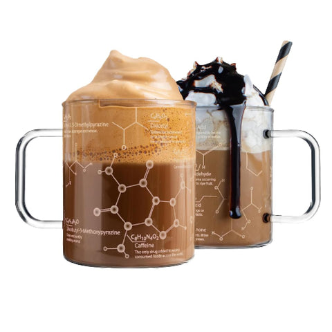 Greenline Goods glass coffee mug 16oz with molecule etch, ideal for science-inspired coffee.
